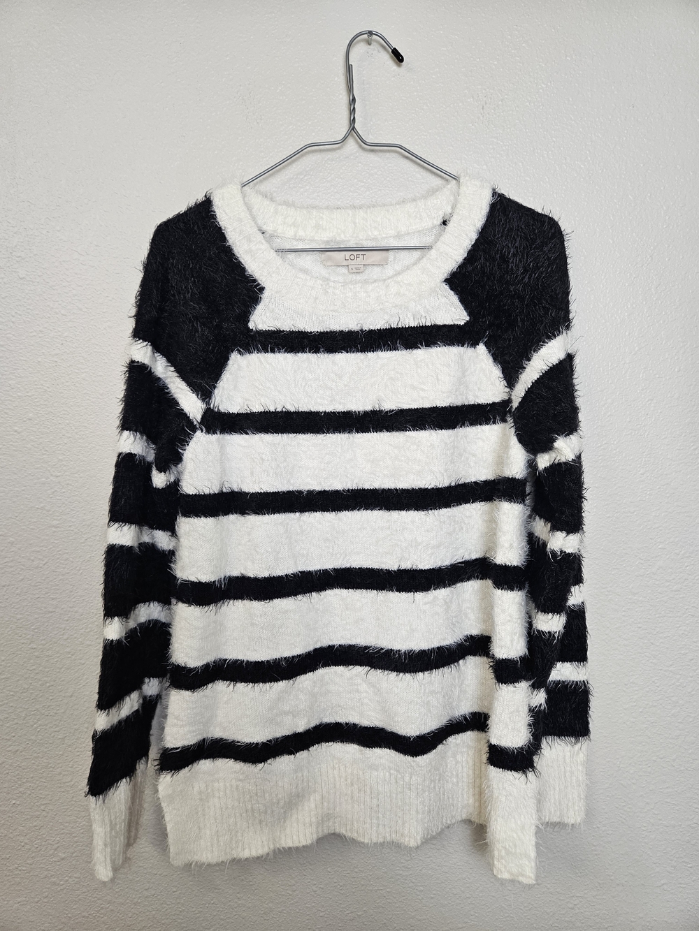 LOFT Black & White Striped Fuzzy Crewneck Sweater Size S